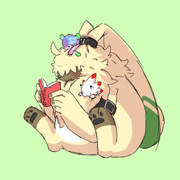 anthro book chibi female fur green_background group hair hair_over_eyes long_ears male ponytail_ears reading simple_background sitting trio yellow_body yellow_fur roadkilledizzy bandai_namco digimon angoramon digimon_(species) gammamon jellymon lagomorph leporid mammal rabbit 1:1 hi_res