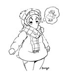 anthro beanie clothed clothing female hat headgear headwear oversized_clothing scarf self-conscious solo thought_bubble winter winter_coat orange_bongo cavemanon_studios snoot_game erin_(snoot_game) dinosaur prehistoric_species reptile scalie monochrome sketch