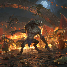 anthro bottomwear brown_body brown_fur claws clothing cloud destruction digitigrade dress female fire full_moon fur group jumping male mask moon muscular night open_mouth red_clothing red_dress sharp_teeth shorts tail teeth tent lie_setiawan hasbro magic:_the_gathering mythology wizards_of_the_coast canid canine human mammal mythological_canine mythological_creature werecanid werecanine werecreature werewolf 1:1 hi_res official_art