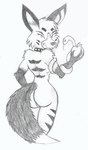 anthro apple butt collar female food fruit genitals looking_back nude plant pussy smile solo striped_body stripes reddragonkan sans_(sanssouci) hyena mammal reptile scalie snake graphite_(artwork) monochrome traditional_media_(artwork)