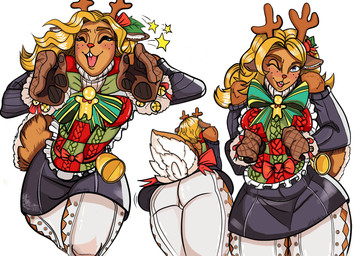 anthro antlers big_butt blonde_hair blue_bottomwear blue_clothing blue_eyes blue_skirt blue_topwear bottomwear brown_antlers brown_body brown_clothing brown_fur brown_gloves brown_handwear buckteeth butt clothed clothing eyelashes female freckled_face freckles front_view fur gloves green_clothing green_topwear green_vest hair handwear holidays horn long_hair looking_at_viewer one_eye_closed pants rear_view red_clothing red_nose red_topwear red_vest simple_background skirt solo teeth thick_thighs topwear vest white_background white_body white_bottomwear white_clothing white_fur white_pants wide_hips wink winking_at_viewer melansholy_ori christmas deltarune marvel marvel_rivals undertale_(series) noelle_holiday deer mammal new_world_deer reindeer absurd_res hi_res