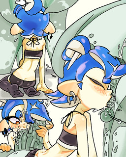2_penises blue_hair blush bodily_fluids butt deep_throat drooling duo eyelashes eyes_closed feet fellatio female feral genitals hair kneeling male male/female multi_genitalia multi_penis oral oral_penetration penetration penile penis red_eyes saliva sex sitting anonymous_artist nintendo splatoon big_man_(splatoon) shiver_(splatoon) aquatic cephalopod fish humanoid manta_ray mollusk octarian octoling ray_(fish) 4:5 colored comic