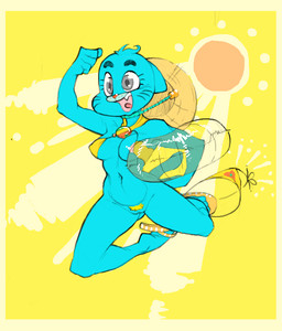 action_pose anthro areola bikini blue_body blue_fur bottomless clothed clothing female fist footwear fur genitals hat headgear headwear inflatable mature_anthro mature_female midair nipple_outline open_mouth pool_float pool_toy pose pubes raised_arm raised_fist raised_hand sandals shoes solo sun_hat swimwear two-piece_swimsuit vulva wardrobe_malfunction kaboozey cartoon_network the_amazing_world_of_gumball nicole_watterson domestic_cat felid feline felis mammal