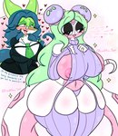 anthro big_breasts black_eyes blue_hair breasts clothing duo female green_body green_hair hair heterochromia nipples non-mammal_nipples text virgin_destroyer_sweater white_body white_eyes lewdchuu_(artist) meme_clothing nintendo pokemon elias_(rockpup241) shorbette_(lewdchuu) generation_3_pokemon generation_5_pokemon generation_7_pokemon hybrid pokemon_(species) serperior seviper shiinotic shiny_pokemon english_text hi_res meme