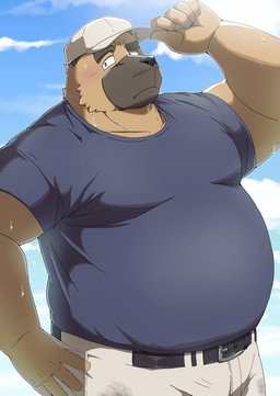 anthro belly big_belly blush bottomwear brown_body clothing cloud hat headgear headwear kemono male outside overweight overweight_male pants shirt solo topwear emufu canid canine canis domestic_dog mammal 2025 hi_res