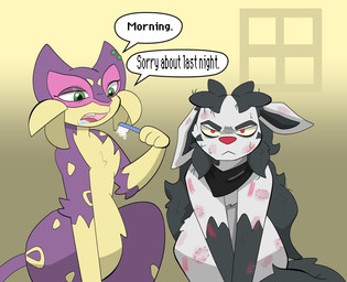 bite_mark black_body black_fur black_tail brush duo eyelashes female feral fur green_eyes grey_body grey_ears grey_fur male morning_after paws pink_body pink_fur purple_body purple_ears purple_fur purple_tail red_eyes red_nose scarf scratch_mark tail text toothbrush whiskers yellow_body yellow_fur blackravebow nintendo pokemon bowtirage ruse_(blackravebow) generation_3_pokemon generation_5_pokemon liepard mightyena pokemon_(species) 2024 absurd_res english_text hi_res