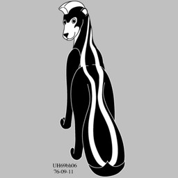 black_body black_fur feral fur grey_background looking_at_viewer looking_back looking_back_at_viewer male mohawk rear_view simple_background smile solo standing tail toony white_body white_fur urbanhermit mammal mephitid skunk 1976 1:1 20th_century ancient_art dated monochrome