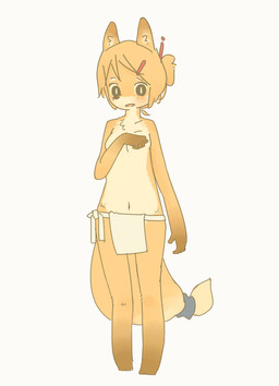 accessory anthro blush bottomwear breasts clothed clothing covering covering_breasts female female_anthro fur furgonomics hair kemono loincloth open_mouth orange_body orange_fur orange_hair simple_background solo standing tail tail_accessory tailband topless white_background yellow_body yellow_fur yagi_the_goat canid canine fox mammal source_request
