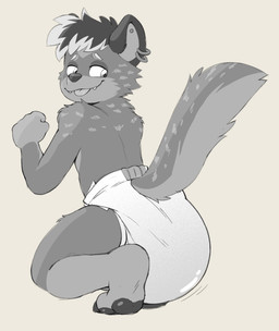 5_fingers ambiguous_gender anthro claws clothed clothing diaper diaper_only ear_piercing ear_ring fangs feces fingers fist fur gloves_(marking) highlights_(coloring) kneeling leg_markings looking_back markings multicolored_body multicolored_fur narrowed_eyes pawpads piercing pooping ring_piercing simple_background smile socks_(marking) soiled_diaper soiling soiling_diaper solo tail teeth three-quarter_view toe_claws tongue tongue_out topless unclean_diaper used_diaper using_diaper wearing_diaper white_diaper yellow_background toby_tiger aesop_(crinklyheeler) australian_cattle_dog canid canine canis cattledog domestic_dog herding_dog mammal pastoral_dog full-length_portrait hi_res portrait
