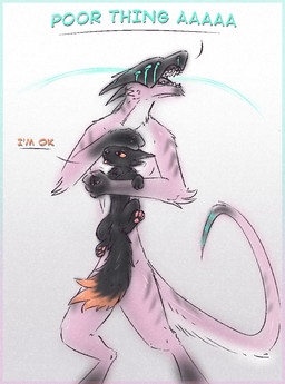 ambiguous_gender anthro black_body black_fur bodily_fluids comforting cybernetics fur headpat machine male orange_eyes pawpads paws pink_body pink_fur sobbing tears visor shadarrius casualties:_unknown cyborg expie_(gunsawian) gunsawian animated hi_res