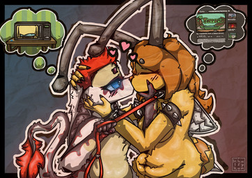 antennae_(anatomy) anthro big_breasts blush breasts collar dominant duo eyes_closed female female/female fur glistening glistening_body glowing hair kiss_on_lips kissing leash leash_pull nude profanity simple_background submissive tail text tuft wings yellow_body khalfy_kun terraria youtube rebekah_(khalfy_kun) arthropod bee hymenopteran insect mammal pup_bee vernid absurd_res english_text hi_res