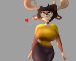 anthro antlers big_breasts black_bottomwear black_clothing black_hair black_pants bottomwear breasts brown_body brown_fur choker clothed clothing countershade_face countershade_torso countershading dappled_fur female fully_clothed fur grey_background hair heart_symbol horn jewelry mismatched_sexual_dimorphism navel_outline necklace pants shirt simple_background solo topwear yellow_clothing yellow_shirt yellow_topwear huegirl19 jazmin_(huegirl19) deer mammal hi_res