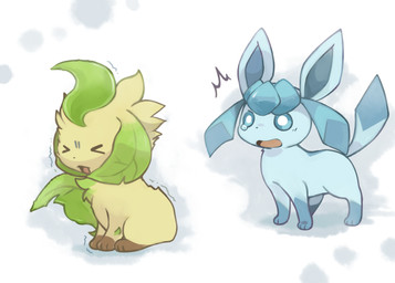 >_< bodily_fluids cowering duo eyes_closed feral open_mouth scared shocked simple_background tears kanannbo nintendo pokemon eeveelution generation_4_pokemon glaceon leafeon pokemon_(species) 2015
