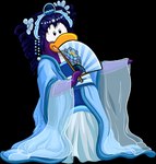 accessory asian_clothing blue_clothing blue_flower blue_kimono clothing drill_curls east_asian_clothing female flower flower_in_hair hair hair_accessory hand_fan japanese_clothing kimono long_hair looking_at_viewer plant purple_hair solo toony unknown_artist club_penguin avian bird penguin absurd_res alpha_channel full-length_portrait hi_res official_art portrait