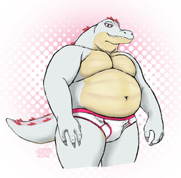 anthro belly big_belly briefs briefs_only clothed clothing countershading dotted_background male overweight overweight_male pattern_background pink_background pink_eyes simple_background smile solo tan_body tan_countershading teeth topless underwear underwear_only white_body white_clothing white_underwear jenokamui crocodile crocodilian reptile scalie hi_res