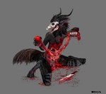 anthro black_body black_fur black_tail blood blood_on_body blood_on_fur blood_on_ground blood_on_knife bodily_fluids bone death disembowelment execution fur gore grey_background guts holding_object horn intestines kneeling knife looking_aside male masochism organs orgasm sadomasochism simple_background skull skull_head solo suicide tail text jeffusherb 2021 cyrillic_text digital_media_(artwork) digital_painting_(artwork) signature