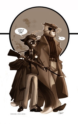 4_fingers anthro art_deco belt bottomwear cigarette clothed clothing coat dialogue dipstick_tail duo eyewear fingers flat_cap footwear frown fully_clothed fur glasses gun hand_in_pocket hat headgear headwear holding_clothing holding_object male markings necktie outline pants pince-nez pockets ranged_weapon shirt shoes simple_background smoke smoking speech_bubble standing suit tail tail_markings text topwear weapon phobs lackadaisy mordecai_heller viktor_vasko domestic_cat felid feline felis mammal english_text monochrome sepia