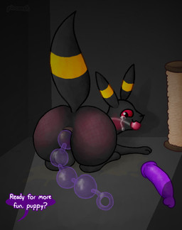 anal anal_beads anal_beads_in_ass anal_penetration backsack ball_gag balls bdsm big_butt black_body blush blush_lines bodily_fluids butt crying dialogue dildo dirty_talk feral gag gagged genitals looking_at_viewer looking_back lying male masochism object_in_ass offscreen_character on_front penetration quadruped rear_view red_ball_gag red_sclera scratching_post sex_toy sex_toy_in_ass sex_toy_insertion solo spank_marks speech_bubble tears text pincoosh nintendo pokemon eeveelution generation_2_pokemon pokemon_(species) umbreon artist_name digital_media_(artwork) hi_res