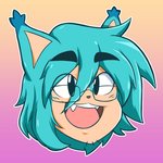 anthro bodyless eyewear glasses male open_mouth short_ears simple_background smile solo turquoise_hair artsyharu hunicast kovicat felid feline mammal 1:1 absurd_res hi_res icon