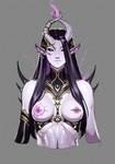 black_hair breasts choker claws clothed clothing ear_piercing ear_ring gynomorph hair horn intersex jewelry long_hair membrane_(anatomy) membranous_wings mostly_nude necklace nipple_piercing nipples piercing pointy_ears purple_body purple_eyes ring_piercing skimpy slaanesh_mark small_breasts smile solo tail wings tarakanovich warhammer_(franchise) chaos_daemon daemon_of_slaanesh humanoid hi_res