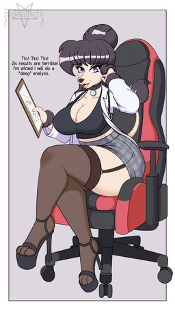 anthro big_breasts biped black_hair bottomwear breasts clipboard clothed clothing crossed_legs eyelashes female footwear garter_straps hair high_heels holding_clipboard holding_object legwear looking_at_viewer miniskirt pupils shoes skirt smile solo text thick_thighs thigh_highs three-quarter_view zelripheth canid canine canis domestic_dog mammal poodle absurd_res english_text hi_res