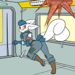 1:1 2016 2_tails anthro bethesda_softworks big_breasts blue_body blue_fur blue_hair boots breasts caitlyn_(swordfox) clothing color_edit colored crossover door explosion fallout fallout:_pca felid feline female footwear fur generation_6_pokemon gloves_(marking) hair hallway hi_res looking_back mammal markings meowstic microsoft multi_tail muniversalarts nintendo pip-boy pokemon pokemon_(species) pokemorph post-apocalyptic red_eyes running shrapnel solo story story_in_description tail third-party_edit vault_suit white_body white_fur window yellow_sclera