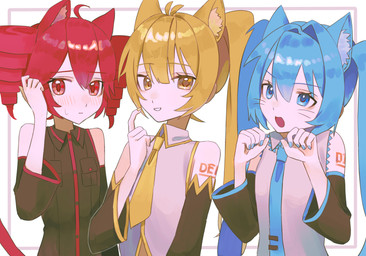 accessory ahoge alternate_species arm_tattoo armwear bare_shoulders black_clothing black_shirt black_sleeves black_topwear blonde_hair blue_eyes blue_hair blue_nails blue_necktie blush blush_lines bodily_fluids clothing colored_nails detached_sleeves drill_curls female gesture glistening glistening_hair grey_clothing grey_shirt grey_topwear group hair hand_gesture humanoidized inner_ear_fluff long_hair looking_at_viewer nails necktie open_mouth open_smile paw_pose ponytail pose raised_finger raised_index_finger red_eyes red_hair shirt short_hair shoulder_tattoo side_ponytail simple_background smile smiling_at_viewer sweat sweatdrop tail tattoo topwear trio tuft twintails_(hairstyle) whiskers white_background yellow_eyes yellow_necktie akumanomi0611 triple_baka utau vocaloid yamaha_corporation akita_neru hatsune_miku kasane_teto animal_humanoid cat_humanoid felid felid_humanoid feline feline_humanoid humanoid mammal mammal_humanoid absurd_res digital_drawing_(artwork) digital_media_(artwork) hi_res
