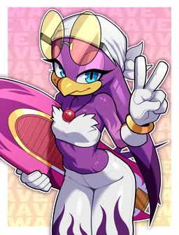 5_fingers anthro beak blue_eyes breasts clothed clothed_anthro clothed_female clothing eyelashes eyewear eyewear_on_head feathers female female_anthro fingers gesture gloves hand_gesture handwear high-angle_view holding_object kerchief looking_at_viewer midriff non-mammal_breasts purple_body purple_feathers small_breasts smile smiling_at_viewer solo sunglasses sunglasses_on_head v_sign white_clothing white_gloves white_handwear yellow_beak budoti sega sonic_riders sonic_the_hedgehog_(series) wave_the_swallow avian bird hirundinid oscine passerine swallow_(bird) 2025 absurd_res hi_res