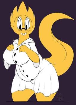 3_fingers anthro big_breasts breasts clothing coat eyewear female fingers glasses lab_coat non-mammal_breasts scales simple_background solo teeth toony topwear yellow_body yellow_scales unknown_artist unknown_artist_signature undertale undertale_(series) alphys reptile scalie signature source_request