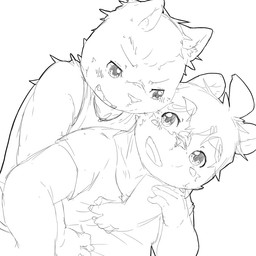 anthro blush clothing duo looking_back male open_mouth simple_background white_background halu_1129 canid canine canis domestic_dog mammal 1:1 2015 monochrome sketch