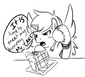 blush bracelet cake cutlery dessert dialogue feathered_wings feathers food fork fruit horn jewelry kitchen_utensils left-handed male plant solo speech_bubble strawberry text tools wings unknown_artist hasbro my_little_pony mythology fan_character equid equine mammal mythological_creature mythological_equine winged_unicorn black_and_white english_text low_res monochrome sketch unfinished