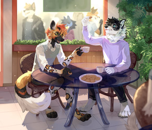 ambiguous_gender anthro barefoot black_body black_bottomwear black_clothing black_fur black_hair black_nose black_pants blep blue_eyes blue_horn bottomwear chair cheek_tuft clothed clothing container cookie cup duo_focus ear_piercing eyewear facial_tuft feet food fur furniture glasses glistening glistening_eyes green_eyes grey_clothing grey_topwear group hair holding_container holding_cup holding_mug holding_object horn inside male mug multicolored_hair neck_tuft orange_body orange_fur orange_hair pants piercing plant plant_pot potted_plant red_hair red_tongue round_glasses sitting three-quarter_view tongue tongue_out topwear tuft two_tone_hair unsigned white_body white_clothing white_fur white_topwear window yellow_sclera corzh77 african_wild_dog canid canine canis domestic_dog mammal absurd_res hi_res