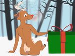 anthro antlers blush butt butt_focus forest forest_background gift glowing glowing_nose hand_on_floor hooves horn looking_back male nature nature_background nude plant raised_tail rear_view ribbons sitting sitting_on_ground smile snow solo tail tree keysquid rudolph_the_red-nosed_reindeer deer mammal new_world_deer reindeer 4:3 hi_res