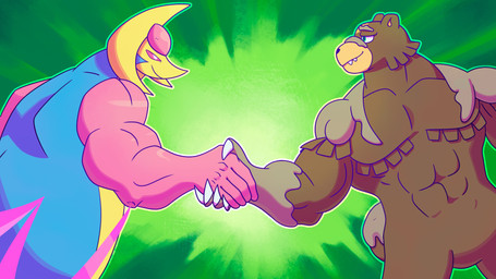 brown_body brown_fur duo fur gesture handshake male metapod_para_presidente fullmetal_alchemist nintendo pokemon cresselia generation_4_pokemon generation_8_pokemon humanoid legendary_pokemon pokemon_(species) ursaluna 16:9 hi_res meme widescreen