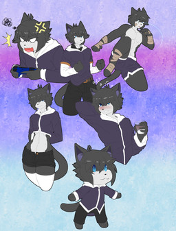 5_fingers anthro belt biped black_body black_fur black_hair blue_eyes blush bottomwear claws clothed clothing countershade_face countershade_fur countershade_torso countershading cross-popping_vein drunk femboy fingers fur hair male midriff open_mouth shorts smile substance_intoxication tail topless topless_anthro topless_male munkeesgomu domestic_cat felid feline felis mammal hi_res