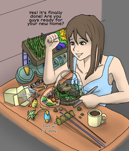 ambiguous_feral ambiguous_gender baby_talk beverage blonde_hair blue_body blue_clothing blue_fur blue_topwear brown_eyes brown_hair clothed clothed_human clothing coffee container cup dialogue eyelashes female female_human feral fist flower forceps fur furniture glass glass_container group hair holding_object holding_tool human_focus light_body light_skin looking_at_another machine medical_instrument micro miniature_model mug orange_hair orange_tail plant rock scientific_instrument sitting size_difference smile surgical_instrument table tail teeth text tools topwear trio tweezers water yellow_body yellow_fur yellow_tail young young_ambiguous young_feral carpdime fluffy_pony fluffy_pony_(species) human mammal microfluff digital_media_(artwork) english_text hi_res shaded