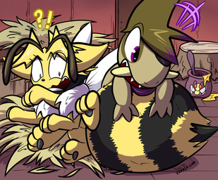 ambiguous_gender antennae_(anatomy) arthropod_abdomen duo exclamation_point eye_patch eyebrows eyewear feral food fur hair hay hay_bale honey_(food) looking_back neck_tuft one_eye_obstructed open_mouth pawpads paws pupils purple_eyes quadruped question_mark sharp_teeth stinger teeth tongue tuft tusks white_sclera wings yellow_body virmir nintendo pokemon pokemon_mystery_dungeon spike_chunsoft virmir_(character) zinc_(zincxiron) arthropod axew bee beedrill eevee generation_1_pokemon generation_5_pokemon hybrid hymenopteran insect pokemon_(species) 2026 absurd_res hi_res male_(lore)