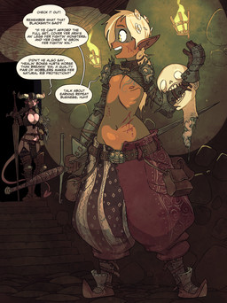 2_horns accessory arm_armor armor big_breasts black_hair blood bodily_fluids boots bottomwear breasts brown_clothing brown_legwear brown_thigh_boots brown_thigh_highs bruised chest_tattoo clothed clothing dialogue duo female fire flower flower_in_hair footwear hair hair_accessory holding_melee_weapon holding_object holding_sword holding_weapon horn humanoid_pointy_ears legwear loincloth male melee_weapon not_furry oversized_bottomwear oversized_clothing oversized_pants pants pink_body plant pointy_ears severed_body_part severed_head shoes skimpy spade_tail speech_bubble sword tail tattoo text thigh_boots thigh_highs unconvincing_armor weapon white_hair yellow_eyes rapscallion elf humanoid otherling 2025 english_text hi_res