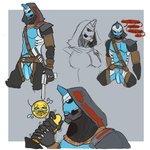 armor belt black_clothing blue_body blush clothed clothing crotchless_clothing duo genitals gun handgun handjob hood knife machine male male/male penile penis ranged_weapon revolver sex skimpy weapon yellow_penis pigeonpantonium bungie destiny_(video_game) cayde-6 exo humanoid robot robot_humanoid 1:1 hi_res sketch