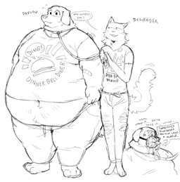 anthro band-aid bandage belly big_belly blush bodily_fluids bottomwear clothing collar denim denim_bottomwear denim_clothing dialogue drooling duo floppy_ears fluffy fluffy_tail hand_on_shoulder jeans leash male male/male muzzle_(object) navel obese obese_anthro obese_male open_mouth overweight overweight_anthro overweight_male pants print_clothing print_shirt print_t-shirt print_topwear saliva shirt simple_background speech_bubble standing sweat sweatdrop sweatpants t-shirt tail tail_motion tailwag text thick_thighs topwear torn_bottomwear torn_clothing torn_jeans torn_pants white_background loremsipsum pavlov_(loremsipsum) schroder_(loremsipsum) canid canine canis domestic_cat domestic_dog felid feline felis mammal 2025 english_text hi_res monochrome sketch