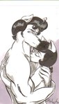 anthro anthro_on_anthro aside_glance black_hair curled_hair female fur hair holding_another holding_each_other hug kissing_neck larger_male male male/female pompadour size_difference smaller_female white_body white_fur aqb52 ace_(rusty) queenie_(rusty) canid canine canis domestic_cat domestic_dog felid feline felis mammal