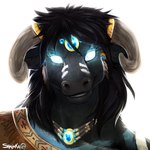 anthro black_body black_fur black_hair eyebrows eyelashes fur glowing glowing_eyes hair horn looking_at_viewer simple_background smile solo white_background shalinka equid equine mammal 1:1 2021 bust_portrait digital_media_(artwork) hi_res portrait