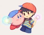 clothed clothing duo hair hat headgear headwear light male not_furry simple_background wusagi2 earthbound_(series) kirby_(series) nintendo kirby ness alien human mammal waddling_head crossover