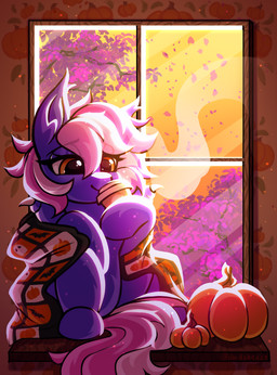 bat_wings bedding beverage blanket blue_body branch coffee coffee_cup container cozy cup fangs female feral food fruit hair holidays inside leaf membrane_(anatomy) membranous_wings multicolored_hair nature nature_background orange_eyes pink_hair plant pumpkin sitting solo steam teeth two_tone_hair window wings uwushka halloween hasbro my_little_pony fan_character windy_(windvile) bat_pony equid equine horse mammal 2025 absurd_res hi_res