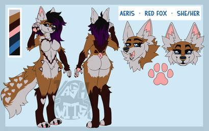 anthro big_tail black_hair breasts butt canine_teeth claws ear_piercing ear_ring facial_piercing featureless_breasts featureless_crotch female finger_claws fingerpads fur hair heart_(marking) highlights_(coloring) inner_ear_fluff markings nose_piercing nose_ring orange_body orange_fur pawpads piercing purple_hair ring_piercing solo tail toe_claws tuft white_body white_fur vashtwiist aeris_(aeristhefox) canid canine fox mammal red_fox true_fox 16:10 hi_res model_sheet widescreen