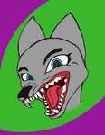 abstract_background anthro blue_eyes eyebrows eyelashes female fur grey_body grey_fur gums looking_at_viewer mouth_shot open_mouth showing_teeth smile solo teeth tongue axentooth elesia_(axentooth) canid canine canis domestic_dog mammal headshot_portrait portrait