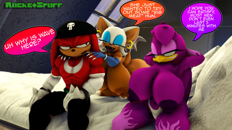 anthro armwear beanie bed bedroom_eyes big_breasts bracelet breasts claws clothing collar ear_piercing ear_ring elbow_gloves eye_contact fangs female fingerless_gloves furniture gloves gold_(metal) gold_bracelet gold_jewelry group hand_on_shoulder hands_behind_head handwear hat head_tuft headgear headwear huge_breasts jewelry lips looking_at_another male narrowed_eyes open_mouth panties piercing ring_piercing seductive smug_grin speech_bubble spiked_collar spikes teeth text thick_lips trio tuft underwear rocketspuff kabalmystic_(modeler) punisher sega sonic_riders sonic_the_hedgehog_(series) knuckles_the_echidna rouge_the_bat wave_the_swallow avian bat bird echidna hirundinid mammal monotreme oscine passerine swallow_(bird) 16:9 3d_(artwork) 4k absurd_res digital_media_(artwork) english_text hi_res widescreen