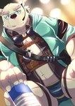 anthro belt bulge cigarette clothing crouching earpiece earpiece_microphone eyewear fur glasses goggles harness male overweight overweight_male smoking solo speedo swimwear white_body white_fur nazebesu_hobby lifewonders tokyo_afterschool_summoners leib_(tas) bear mammal polar_bear ursine absurd_res hi_res