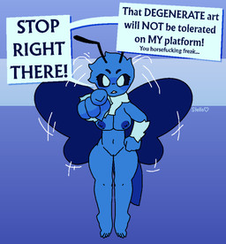 angry antennae_(anatomy) anthro arm_tuft arthropod_abdomen back_wings black_sclera blue_body blue_fur blue_nipples blue_wings blush blush_lines breasts claws dialogue eyelashes feet female finger_claws flying fur genitals gesture hand_gesture hand_on_hip head_tuft insect_wings insult insulting_viewer lepidopteran_wings motion_lines navel neck_tuft nipples noseless nude nude_anthro nude_female pointing pointing_at_viewer profanity solo talking_to_viewer text toe_claws tuft vulva white_body white_eyes white_fur wings wrist_tuft couldbestella bluesky_(social_media) bluesky_butterfly arthropod butterfly insect lepidopteran english_text hi_res