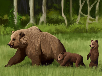 black_nose brown_body brown_fur feral forest fur grass group on_hind_legs plant tree trio walking agustindiazart bear cave_bear mammal prehistoric_species ursine 2023 hi_res mother_(lore) mother_and_child_(lore) parent_(lore) parent_and_child_(lore)